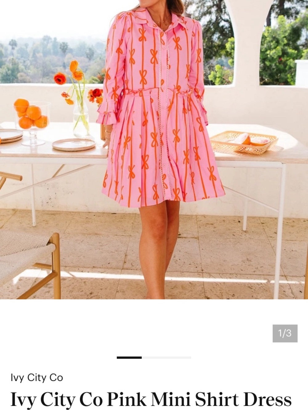 Ivy City Co Pink Mini Shirt Dress with Orange Bow Print